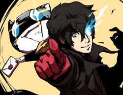 Rule 34 | 10s, 2boys, absurdres, amamiya ren, animal, black hair, card, cat, gloves, highres, kloudraws, looking at viewer, male focus, mask, morgana (persona 5), multiple boys, nintendo, open mouth, persona, persona 5, red eyes, red gloves, short hair, smash invitation, smile, super smash bros., wax seal