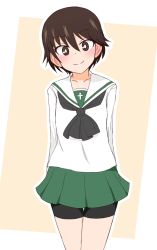 Rule 34 | 1girl, ame (amechan17391739), arms behind back, bad id, bad twitter id, bike shorts, black neckerchief, black shorts, blouse, brown eyes, brown hair, closed mouth, commentary, cowboy shot, girls und panzer, green skirt, highres, isobe noriko, long sleeves, looking at viewer, miniskirt, neckerchief, ooarai school uniform, outline, pleated skirt, sailor collar, school uniform, serafuku, shirt, short hair, shorts, shorts under skirt, skirt, smile, solo, standing, white outline, white sailor collar, white shirt