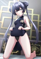 1girl absurdres bare_shoulders barefoot black_dress black_hair black_panties blue_archive blush breasts bun_with_braided_base butterfly_hair_ornament cameltoe china_dress chinese_clothes clothes_lift commentary_request double_bun dragon_print dress dress_lift grey_eyes grey_halo hair_bun hair_ornament halo highres kamesys kisaki_(blue_archive) kneeling lifting_own_clothes long_hair looking_at_viewer open_mouth panties pelvic_curtain pelvic_curtain_lift print_dress sleeveless sleeveless_dress small_breasts solo spread_legs twintails underwear