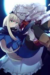 Rule 34 | 2girls, apron, blonde hair, blue scarf, blush, boots, brown footwear, carrying, closed mouth, commentary request, echo (circa), closed eyes, fang, fate/grand order, fate (series), flower, golem, green eyes, hair between eyes, hat, long hair, lord el-melloi ii case files, maid, maid headdress, mini hat, moon, multiple girls, night, night sky, pantyhose, princess carry, red ribbon, reines el-melloi archisorte, ribbon, scarf, sky, teeth, trimmau (fate), volumen hydragyrum (fate)