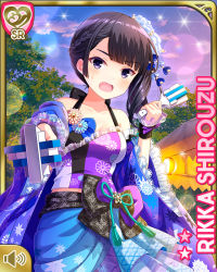 1girl :o bell bike_shorts black_hair black_shorts blue_bow blue_kimono bow braid breasts card_(medium) character_name collarbone evening girlfriend_(kari) holding japanese_clothes kimono medium_hair midriff official_art open_mouth outdoors purple_eyes qp:flapper shirouzu_rikka shorts sky small_breasts socks solo standing tagme uneven_bangs