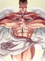 Rule 34 | 1boy, abs, angel wings, bad id, bad pixiv id, bed sheet, brown hair, convenient censoring, copyright name, cross, looking at viewer, male focus, muscular, naked sheet, one-punch man, puri puri prisoner, topless male, solo, tanmatsu, wings