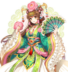 Rule 34 | 1girl, bad id, bad pixiv id, braid, brown eyes, brown hair, character request, daisenran!! sangokushi battle, dress, floral print, flower, folding fan, green dress, hair flower, hair ornament, hair rings, hair stick, hand fan, jewelry, long sleeves, multicolored clothes, multicolored dress, nardack, necklace, official art, pendant, sangokushi batoru, sash, smile, solo, twin braids, white dress, wide sleeves