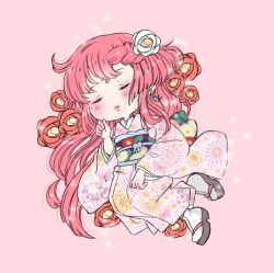Rule 34 | 1girl, bad id, bad twitter id, blush, chibi, closed eyes, commentary, earrings, english commentary, floral print, flower, from above, full body, geta, grey footwear, hair flower, hair ornament, halftone, highres, japanese clothes, jewelry, kimono, light blue ribbon, long hair, lying, momoiro chii, obi, obijime, original, parted lips, pink background, pink hair, pink kimono, pink theme, print kimono, print sash, purple sash, red flower, sash, simple background, single earring, sleeping, socks, solo, stud earrings, white flower, white socks, wide sleeves