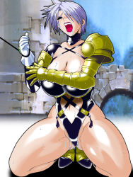 Rule 34 | 1girl, armor, breasts, cleavage, gloves, isabella valentine, kinoko allstars, kneeling, large breasts, namco, open mouth, pussy juice, short hair, soul calibur, soulcalibur i, sweat, very short hair