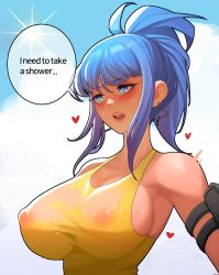 Rule 34 | 1girl, armlet, bagjunba (qkrgk198), blue eyes, blue hair, blush, breasts, corrupted twitter file, covered erect nipples, dialogue box, earrings, fingerless gloves, gloves, heart, highres, hot, jewelry, large breasts, leona heidern, nipples, ponytail, see-through, sky, sleeveless, solo, sunlight, sweat, sweatdrop, talking, tank top, the king of fighters, the king of fighters xiv, the king of fighters xv, triangle earrings, yellow tank top