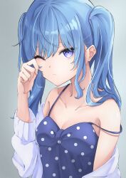 Rule 34 | 1girl, absurdres, alternate costume, alternate hairstyle, bare shoulders, blue camisole, blue eyes, blue hair, breasts, camisole, cardigan, cleavage, closed mouth, commentary request, grey background, hand up, highres, hololive, hoshimachi suisei, long hair, long sleeves, looking at viewer, one eye closed, open cardigan, open clothes, polka dot camisole, rubbing eyes, sidelocks, simple background, sleepwear, small breasts, solo, spaghetti strap, star (symbol), star in eye, strap slip, symbol in eye, tilu, twintails, upper body, virtual youtuber, white cardigan