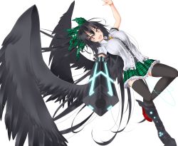 Rule 34 | 1girl, alternate weapon, arm cannon, black hair, black thighhighs, black wings, bow, feathered wings, gmot, hair bow, large wings, long hair, miniskirt, open mouth, red eyes, reiuji utsuho, skirt, solo, thighhighs, touhou, very long hair, weapon, white background, wings, zettai ryouiki