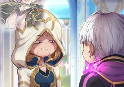 Rule 34 | 1boy, 1girl, black robe, brown hair, chibi, english text, evomanaphy, fire, fire emblem, fire emblem heroes, from behind, grima (fire emblem), highres, hood, kiran (female) (fire emblem), kiran (fire emblem), kiran (fire emblem) (female), looking at another, looking at chest, nintendo, pectorals, purple fire, robe, robin (fire emblem), robin (male) (fire emblem), smile, sweatdrop, white hair, white robe