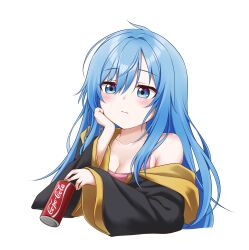 Rule 34 | 1girl, absurdres, blue eyes, blue hair, breasts, can, cleavage, closed mouth, coca-cola, collarbone, elie wayne, highres, holding, holding can, jan azure, large breasts, long hair, long sleeves, original, pink tank top, solo, tank top, transparent background