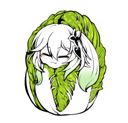 Rule 34 | 1girl, blush, cabbage, closed eyes, food, genshin impact, green hair, hair between eyes, hair ornament, hairclip, highres, long hair, multicolored hair, nahida (genshin impact), side ponytail, simple background, smile, solo, swaddled, uncolorcube, vegetable, white background, white hair