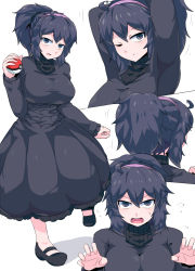 Rule 34 | 1girl, ;(, @ @, ahoge, alternate breast size, arms up, black footwear, black scrunchie, breasts, closed mouth, creatures (company), dress, flying sweatdrops, game freak, hair between eyes, hair ornament, hair scrunchie, hair up, hairband, hand up, hands up, hex maniac (pokemon), highres, holding, holding poke ball, large breasts, leg up, long sleeves, looking at viewer, mary janes, medium hair, messy hair, motion lines, multiple views, nintendo, npc trainer, open mouth, poke ball, poke ball (basic), pokemon, pokemon xy, ponytail, purple dress, purple eyes, purple hair, purple hairband, scrunchie, shadow, shimure (460), shoes, standing, standing on one leg, turtleneck, white background
