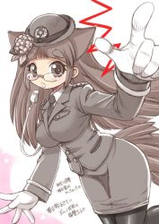 Rule 34 | 1girl, animal ears, black necktie, black pantyhose, blunt bangs, blush, breast pocket, breasts, brown hair, collared shirt, ebifly, fang, flower, foreshortening, glasses, gloves, grey hat, grey jacket, hair flower, hair ornament, hat, jacket, large breasts, long hair, long sleeves, looking at viewer, miniskirt, necktie, open mouth, original, pantyhose, parted lips, perspective, pince-nez, pocket, pointing, pointing at viewer, police, police uniform, policewoman, shirt, skirt, solo, tail, translation request, uniform, whistle, white gloves, wing collar