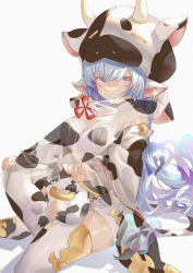 Rule 34 | 1girl, absurdres, animal ears, animal print, bare shoulders, bikini, blue hair, blush, breasts, catura (granblue fantasy), cleavage, closed mouth, collarbone, cow, cow ears, cow girl, cow hat, cow print, cow tail, detached collar, detached sleeves, draph, ear piercing, granblue fantasy, hat, highres, huge filesize, knee up, large breasts, long hair, looking at viewer, micro shorts, navel, piercing, pointy ears, pola (1021), purple eyes, see-through, short shorts, shorts, sitting, swimsuit, tail, thighhighs, thighs, white bikini, white shorts, wide sleeves