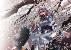 Rule 34 | 1girl, branch, cherry blossoms, covering own mouth, dress, female focus, flower, folding fan, hand fan, hat, in tree, japanese clothes, patterned, petals, pink eyes, pink hair, saigyouji yuyuko, short hair, sitting, sitting in tree, solo, sun-3, touhou, tree, triangular headpiece