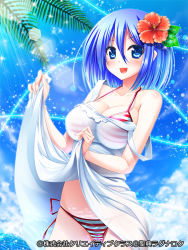 Rule 34 | 1girl, bare shoulders, bikini, bikini under clothes, blue eyes, blue hair, blush, breasts, cleavage, clothes lift, day, dress, dress lift, female focus, flower, hair flower, hair ornament, hibiscus, large breasts, lens flare, looking at viewer, matching hair/eyes, open mouth, pochadon, see-through, seiten ragnarok, shiny skin, short hair, side-tie bikini bottom, skindentation, smile, solo, strap gap, strap slip, striped bikini, striped clothes, swimsuit