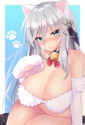 Rule 34 | 1girl, animal ears, animal hands, bare hips, bare legs, bare shoulders, bell, blue eyes, blush, breasts, cat ears, cat lingerie, cat paws, cleavage, elbow gloves, gloves, hair between eyes, hair ornament, long hair, looking at viewer, meme attire, nanami neru, paw gloves, paw pose, senkou (senran kagura), senran kagura, senran kagura peach ball, silver hair, solo, thick thighs, thighs, very long hair