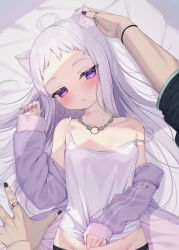 Rule 34 | 1boy, 1girl, animal ear fluff, animal ears, bare shoulders, bed sheet, blush, camisole, collarbone, commentary request, grabbing another&#039;s ear, forehead, grey hair, groin, hand on another&#039;s ear, hand up, head tilt, highres, jacket, jewelry, long hair, long sleeves, looking at viewer, lying, nail polish, off shoulder, on back, open clothes, open jacket, original, parted lips, purple eyes, purple jacket, purple nails, ring, sleeves past wrists, solo focus, strap slip, sweat, tsukiman, upper body, very long hair, white camisole
