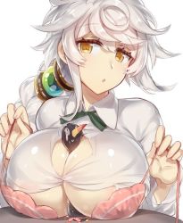 Rule 34 | 10s, 1girl, :o, asymmetrical hair, bad id, bad twitter id, between breasts, blouse, blush, bow, bowtie, bra, braid, breasts, bursting breasts, cleavage, failure penguin, green bow, green bowtie, hair between eyes, hair ornament, jewelry, jitome, kantai collection, large breasts, long hair, looking at viewer, open bra, pink bra, pokoten (pokoten718), sexually suggestive, shirt, silver hair, single braid, teardrop, underboob, underwear, unryuu (kancolle), very long hair, wavy hair, white background, white shirt, yellow eyes