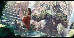Rule 34 | 1girl, ancient, architecture, armlet, back, barefoot, brown hair, day, dog, dutch angle, from behind, highres, letterboxed, long hair, long skirt, looking down, moss, original, overgrown, ox (baallore), perspective, pillar, polearm, red skirt, rock, ruins, scenery, shaking, skirt, smile, solo, spear, stairs, statue, stream, sunlight, traditional clothes, walking, water, waterfall, weapon, wet
