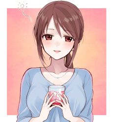 Rule 34 | 10s, 1girl, blush, breasts, brown hair, chisumi, collarbone, cup, hands up, holding, holding cup, idolmaster, idolmaster cinderella girls, long hair, looking at viewer, low ponytail, medium breasts, mifune miyu, parted lips, ponytail, red eyes, sleeves past elbows, smile, solo, upper body