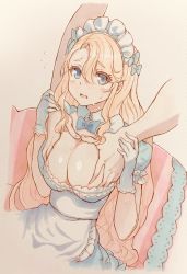 Rule 34 | absurdres, adocchi, asymmetrical bangs, azur lane, blonde hair, blue bow, blue bowtie, blue dress, blue eyes, bow, bowtie, grabbing another&#039;s breast, breasts, cleavage, collar, dress, embarrassed, emile bertin (azur lane), frilled dress, frills, furrowed brow, gloves, grabbing, hair between eyes, hair bow, highres, large breasts, long hair, maid, maid headdress, open mouth, short sleeves, sweat, sweatdrop, very long hair, white gloves