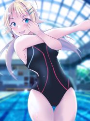 Rule 34 | 1girl, absurdres, ahoge, azuki cha, black one-piece swimsuit, blonde hair, blue eyes, commentary request, competition swimsuit, cowboy shot, hachimiya meguru, hair flaps, highres, idolmaster, idolmaster shiny colors, indoors, looking at viewer, low twintails, one-piece swimsuit, pool, smile, solo, stretching, swimsuit, thigh gap, twintails