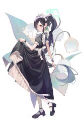 Rule 34 | &lt;key&gt; (blue archive), 1girl, absurdres, apron, black dress, black footwear, black hair, blue archive, blush, dress, frilled apron, frills, full body, halo, highres, light smile, long hair, looking at viewer, looking to the side, maid, maid headdress, mary janes, may.l, petticoat, ponytail, puffy short sleeves, puffy sleeves, red eyes, shoes, short sleeves, skirt hold, very long hair, white apron, wristband
