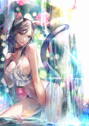 Rule 34 | 1girl, absurdres, animal ears, bare shoulders, black hair, breasts, cat ears, cat tail, choker, cleavage, collarbone, green eyes, highres, hitowa, large breasts, lips, long hair, looking at viewer, navel, original, partially submerged, solo, tail, tank top, thong, wading, water, wet, wet clothes
