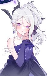 Rule 34 | 1girl, absurdres, black horns, blue archive, blush, dated, demon horns, dress, earrings, elbow gloves, gloves, grey hair, halo, highres, hina (blue archive), hina (dress) (blue archive), horns, jewelry, long hair, looking at viewer, melonpan (mimichi03), multiple horns, official alternate costume, open mouth, purple dress, purple eyes, purple gloves, signature, simple background, solo, white background