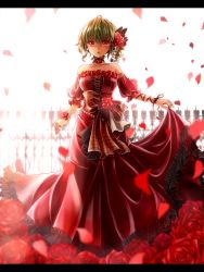 Rule 34 | 1girl, alternate costume, arm ribbon, backlighting, bad id, bad pixiv id, bare shoulders, bow, breasts, choker, cleavage, clothes lift, collarbone, dress, dress lift, fence, flower, green hair, hair bow, hair flower, hair ornament, highres, jewelry, kazami yuuka, large breasts, letterboxed, looking at viewer, open mouth, petals, puffy short sleeves, puffy sleeves, red dress, red eyes, red flower, red rose, ribbon, ring, rose, sash, shironeko yuuki, short sleeves, solo, strapless, strapless dress, touhou, wrist cuffs