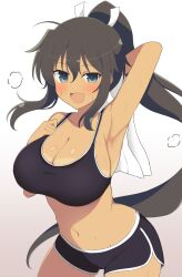 Rule 34 | 1girl, armpits, black hair, blush, breasts, cleavage, commentary request, gym shorts, hair tie, heavy breathing, highres, homura (senran kagura), large breasts, long hair, manjou (q tiwj), navel, open mouth, ponytail, senran kagura, shorts, sports bra, sweat, tan, tanline, towel