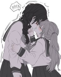 Rule 34 | 2girls, amane (7783), arm grab, bent over, black hair, blush, braid, brown hair, earrings, closed eyes, french braid, french kiss, glasses, height difference, highres, jewelry, kiss, monochrome, multiple girls, original, school uniform, surprise kiss, surprised, twintails, yuri