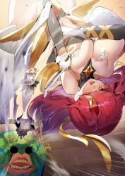 Rule 34 | 3girls, absurdres, angello vaalmonica, bare shoulders, breasts, bridal gauntlets, chibi, cleavage, counter cleaner, covering breasts, covering privates, demon horns, dimonno vaalmonica, duel monster, duralume vaalmonican heathen hallow, gameplay mechanics, hairdressing, highres, horns, large breasts, long hair, low wings, multiple girls, one eye closed, open mouth, purple hair, red eyes, red hair, ro g (oowack), skirt, torn clothes, wings, yu-gi-oh!