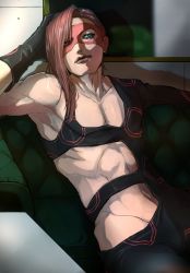 Rule 34 | 1boy, blue eyes, clothing cutout, couch, domino mask, gloves, groin, highres, jojo no kimyou na bouken, long hair, male focus, mask, melone, pink hair, revealing clothes, sano (hospital 0434), single bare shoulder, sitting, solo, toned, toned male, vento aureo