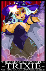 Rule 34 | 1girl, aqua hair, breasts, cape, cleavage, curtains, gloves, hat, highres, my little pony, my little pony: friendship is magic, open mouth, personification, red eyes, shonuff44, smile, smoke, star (symbol), tagme, teeth, tongue, trixie lulamoon, wand, wizard hat