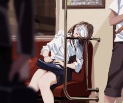 Rule 34 | 1girl, 2boys, bag, black skirt, blurry, blurry foreground, breasts, brown hair, buttons, fujimoto kouki, leaning to the side, long hair, mask, messy hair, mouth mask, multiple boys, open mouth, original, shirt, sitting, skirt, sleeping, sleeping upright, surgical mask, train, train interior, white shirt