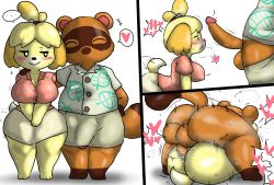 Rule 34 | 1boy, 1girl, animal crossing, animal ears, ass, blush, breasts, clothes, colored skin, enigi09, erection, eyes closed, furry, furry female, furry male, furry with furry, heart, highres, huge ass, huge penis, isabelle (animal crossing), large breasts, large penis, looking at viewer, lying, lying on person, mating press, nintendo, on person, penis, ponytail, sex, simple background, smile, speech bubble, tail, testicles, tom nook (animal crossing), veins, veiny penis, white background, yellow skin