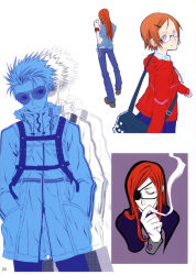 Rule 34 | 1girl, 2boys, absurdres, badou nails, cigarette, dogs: bullets &amp; carnage, glasses, haine rammsteiner, highres, jacket, mimi (dogs), miwa shirow, multiple boys, smoking