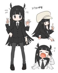 Rule 34 | 1girl, antennae, arthropod girl, black eyes, black hair, black pantyhose, black skirt, blunt ends, blush stickers, cabbie hat, closed eyes, collared shirt, extra arms, formal jacket, full body, hand on own hip, hat, highres, hime cut, horns, long hair, monster girl, naka (buttergirl 02), necktie, ok sign, open mouth, original, pantyhose, shirt, simple background, skirt, solo, standing, v, white background, white hat, white shirt, yawning