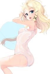 Rule 34 | 1girl, ass, ball, black bullet, blonde hair, blue eyes, hair ornament, highres, long hair, looking at viewer, lumo 1121, one-piece swimsuit, open mouth, simple background, solo, swimsuit, tina sprout, white background, x hair ornament
