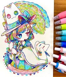 Rule 34 | 1girl, animal, animal ears, animal hat, art tools in frame, ballpoint pen (medium), belt, blue belt, blue bow, blue eyes, bow, bright pupils, brooch, broom, cape, cat, cat ears, cat girl, cat hat, cat tail, clothed animal, commentary request, cropped legs, hat, hat bow, hatching (texture), heterochromia, high-waist skirt, highres, holding, holding broom, holographic clothing, iridescent, jewelry, long sleeves, looking back, medium hair, multicolored hair, open mouth, original, pink bow, pink eyes, piyoko9494, pleated skirt, puffy long sleeves, puffy sleeves, sailor collar, skirt, solo, tail, traditional media, white background, white cape, white cat, white hat, white pupils, witch hat
