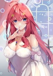 Rule 34 | 1girl, ahoge, blue eyes, blue sky, blunt bangs, blush, bow, breasts, bubble, cleavage, closed mouth, cloud, commentary request, dress, finger to mouth, flower, flower necklace, go-toubun no hanayome, hair between eyes, hair ornament, highres, indoors, jewelry, large breasts, long hair, looking at viewer, nakano itsuki, necklace, nununu (nununu386), pink bow, red hair, sky, smile, solo, star (symbol), star hair ornament, wedding dress, window