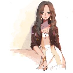 Rule 34 | 1girl, black jacket, black nails, blue eyes, bracelet, commentary, cowboy shot, cropped jacket, dress, duckprotector26, earrings, english commentary, hair over one eye, highres, jacket, jewelry, long hair, necklace, nico robin, one piece, simple background, smile, solo