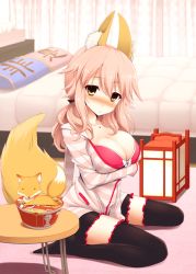 Rule 34 | 10s, 1girl, animal, animal ears, bed, black thighhighs, blush, breast hold, breasts, cleavage, cup ramen, fate/extra, fate/extra ccc, fate (series), fox, fox ears, fox tail, instant udon, jewelry, kurikara, large breasts, long hair, maruchan akai kitsune udon, official alternate costume, pendant, pillow, pink hair, sitting, skirt, solo, table, tail, tamamo no mae (fate/extra), tamamo no mae (spring casual) (fate), thighhighs, twintails, wariza, yellow eyes