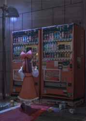 Rule 34 | 1girl, absurdres, black footwear, bottle, bow, brown hair, can, chinese commentary, coca-cola, commentary, copyright notice, detached sleeves, drink can, facing away, frilled hair tubes, frills, from behind, hair bow, hair tubes, hakurei reimu, highres, lamppost, long hair, night, outdoors, red bow, red skirt, ribbon-trimmed sleeves, ribbon trim, shoes, skirt, socks, soda can, solo, standing, touhou, vending machine, white sleeves, white socks, wide shot, wide sleeves, zhong-yan (2669)