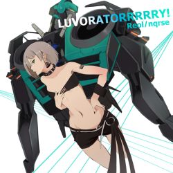 Rule 34 | 1girl, bad id, bad pixiv id, bandeau, bare shoulders, belt, black nails, black shorts, character name, collar, collarbone, cropped legs, earrings, flat chest, grey hair, groin, hand on own chest, hand on own hip, indie utaite, jewelry, looking at viewer, luvoratorrrrry! (vocaloid), machinery, mecha, midriff, nail polish, navel, niconico, peeled apple, profile, pulled by self, reol, ring, robot, short hair, shorts, shoulder tattoo, solo, song name, standing, stomach, strapless, tattoo, vocaloid, white background, wrist cuffs