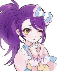 Rule 34 | 1girl, ;), bare shoulders, bow, chuu0105, closed mouth, commentary request, earrings, hair bow, hands up, jewelry, korean commentary, long hair, looking at viewer, one eye closed, own hands together, pretty series, pripara, purple hair, side ponytail, simple background, smile, solo, sweatdrop, toudou shion, upper body, white background, wrist cuffs, yellow eyes