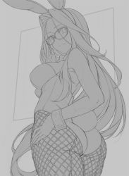 Rule 34 | 1girl, adjusting eyewear, animal ears, ass, breasts, fake animal ears, fate (series), fishnet pantyhose, fishnets, from below, glasses, greyscale, hand on own hip, large breasts, leotard, long hair, looking at viewer, medusa (charming bunny) (fate), medusa (fate), medusa (rider) (fate), monochrome, official alternate costume, pantyhose, playboy bunny, rabbit ears, rabbit tail, rotix, solo, tail, wrist cuffs