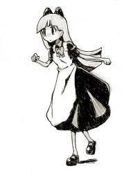 Rule 34 | 1girl, apron, bow, bowtie, commentary request, dress, full body, greyscale, hair bow, long sleeves, maid, maid apron, mary janes, monochrome, original, shoes, short sleeves, simple background, solo, standing, tonmoh, walking, white background